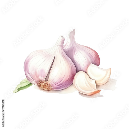 Digital illustration of whole garlic bulbs and garlic cloves, isolated on white background.