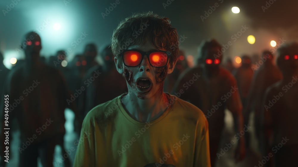 teenage boy wearing glowing red glasses, standing in the middle and surrounded by zombies at night teenage boy wearing glowing red glasses, standing in the middle and surrounded by zombies at night