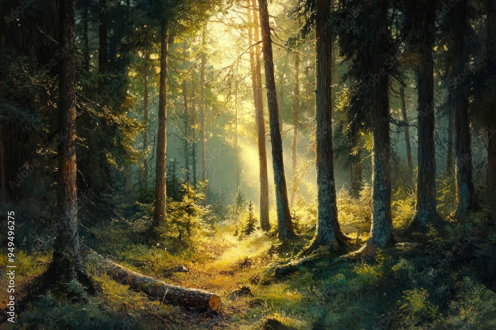 Obraz premium Observing the sunlight filtering through the trees in a forest, surrounded by a natural landscape of terrestrial plants, trunks, twigs, grass, and various shades of wood , ai