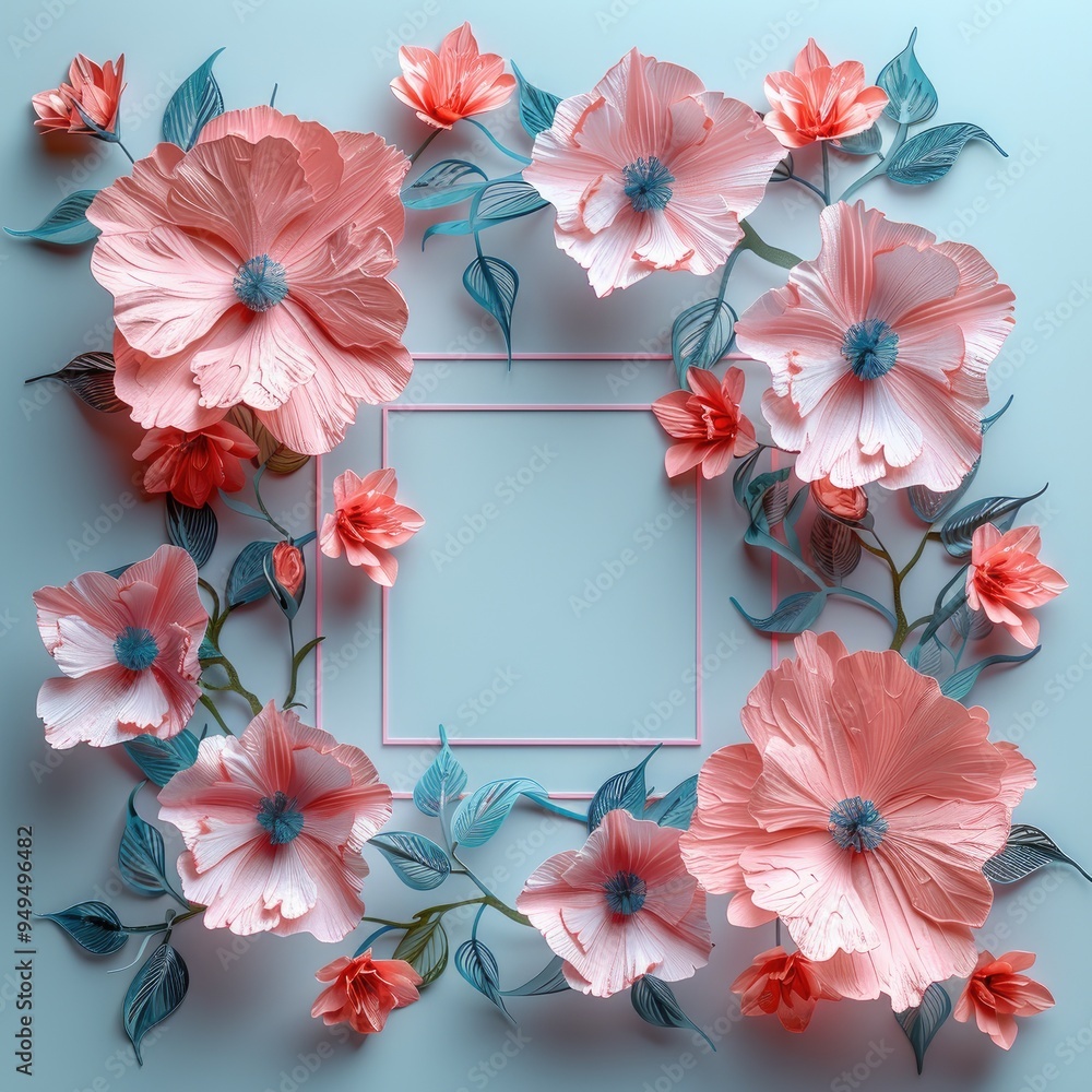 square frame made of colorful paper cut flowers and leaves, in pastel colors square frame made of colorful paper cut flowers and leaves, in pastel colors