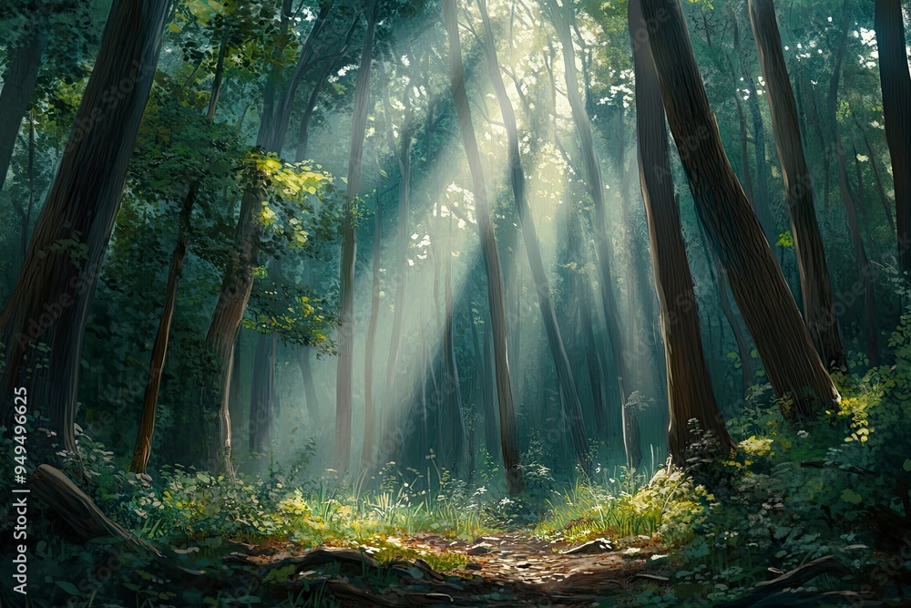 Obraz premium Observing the sunlight filtering through the trees in a forest, surrounded by a natural landscape of terrestrial plants, trunks, twigs, grass, and various shades of wood , ai