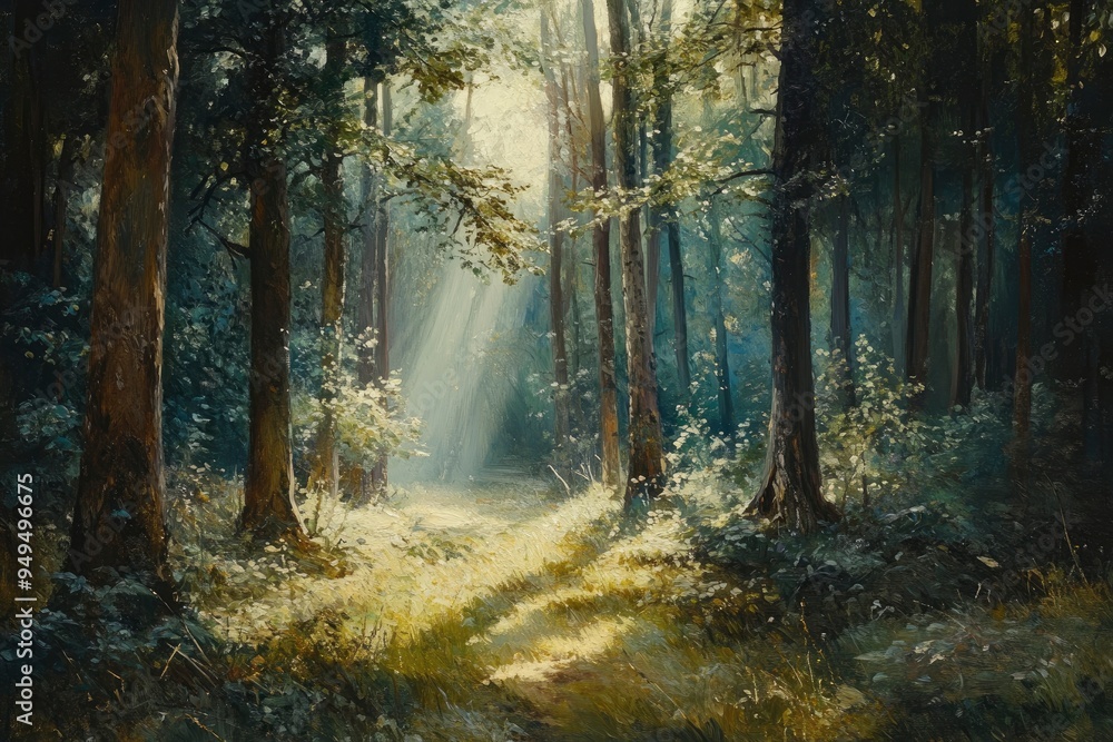 Obraz premium Observing the sunlight filtering through the trees in a forest, surrounded by a natural landscape of terrestrial plants, trunks, twigs, grass, and various shades of wood , ai