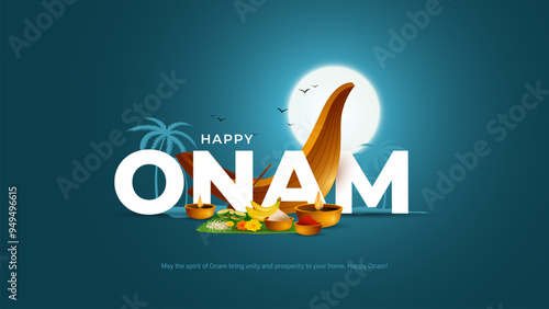 Happy Onam Festival concept with rowing a snake boat during the 'Onam' festival. Happy Onam celebration greetings