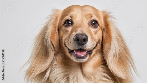 Portrait of Cream long haired dachshund dog on grey background