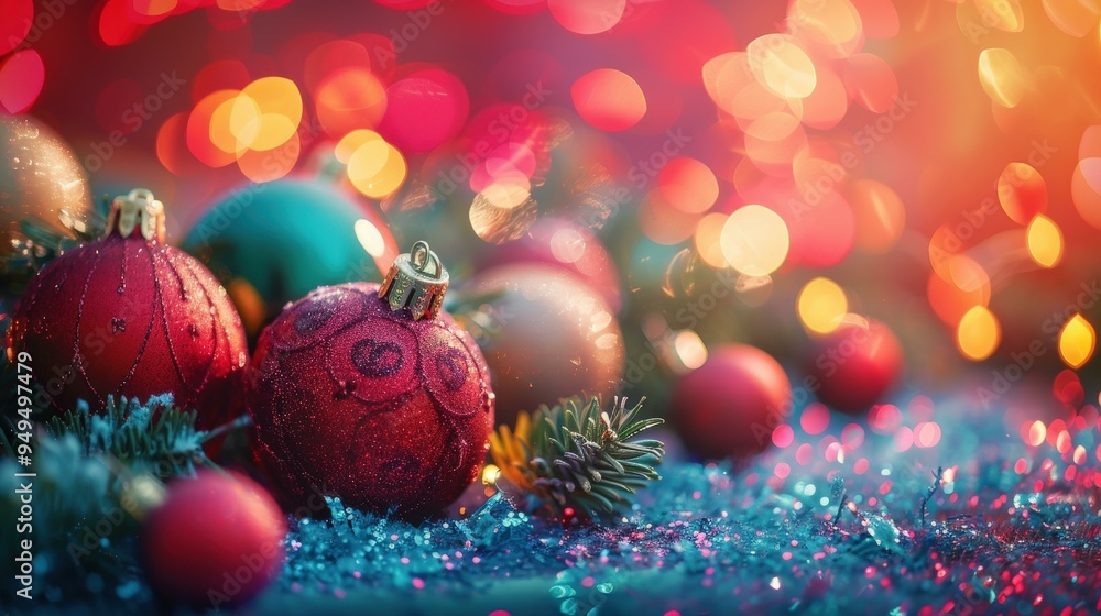 Red Christmas Ornaments with Bokeh Lights and Glitter Red Christmas Ornaments with Bokeh Lights and Glitter