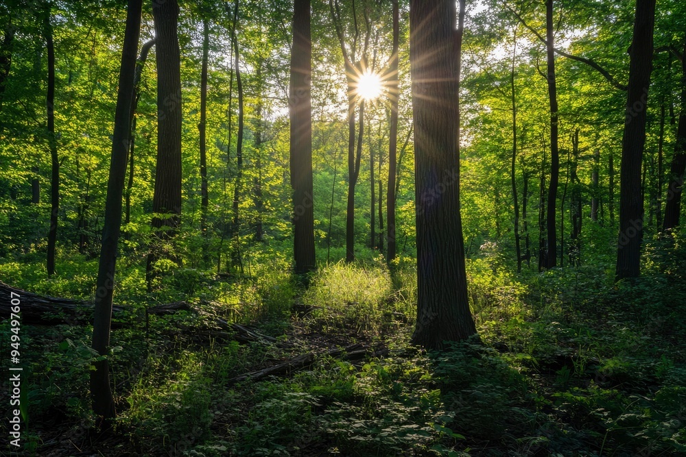 Fototapeta premium Observing the sunlight filtering through the trees in a forest, surrounded by a natural landscape of terrestrial plants, trunks, twigs, grass, and various shades of wood , ai