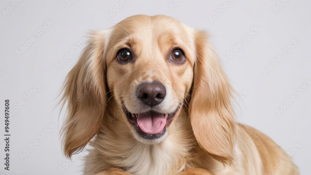 Portrait of Cream long haired dachshund dog on grey background Portrait of Cream long haired dachshund dog on grey background