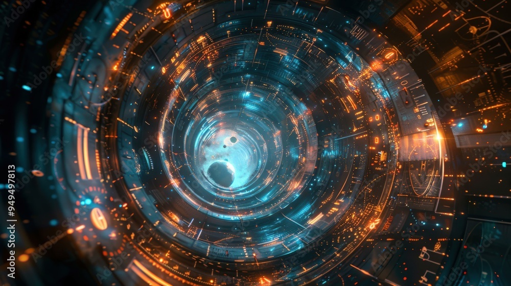 Abstract Futuristic Tunnel with Lights and Data - Sci-fi Background Abstract Futuristic Tunnel with Lights and Data - Sci-fi Background