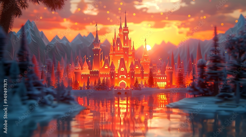 Obraz premium A pastel papercraft sunset castle with glowing orange and pink hues, featuring golden highlights on the towers and walls, surrounded by a serene landscape bathed in the warm light of a setting sun,