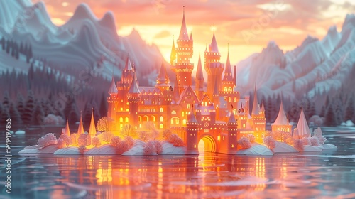 A pastel papercraft sunset castle with glowing orange and pink hues, featuring golden highlights on the towers and walls, surrounded by a serene landscape bathed in the warm light of a setting sun,