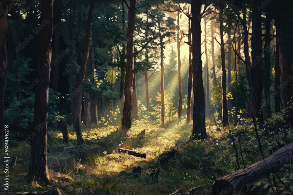 Naklejka premium Observing the sunlight filtering through the trees in a forest, surrounded by a natural landscape of terrestrial plants, trunks, twigs, grass, and various shades of wood , ai