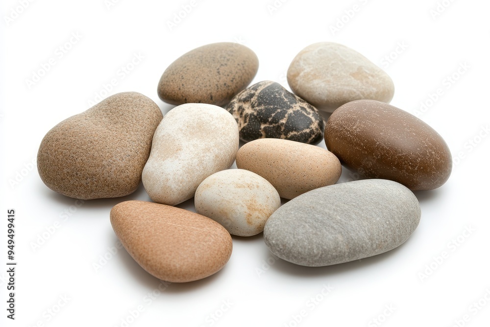 A collection of smooth, rounded stones in various colors and sizes on a white background. A collection of smooth, rounded stones in various colors and sizes on a white background.