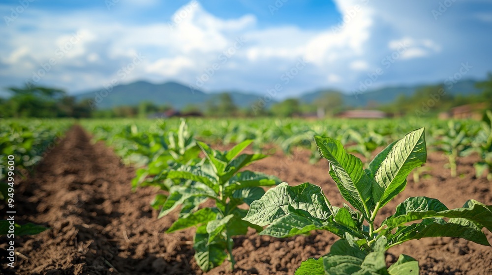 Φωτογραφία View of young green tobacco plant in field at northern of Thailand