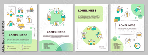 Social loneliness green circle brochure template. Leaflet design with linear icons. Editable 4 vector layouts for presentation, annual reports. Arial-Bold, Myriad Pro-Regular fonts used