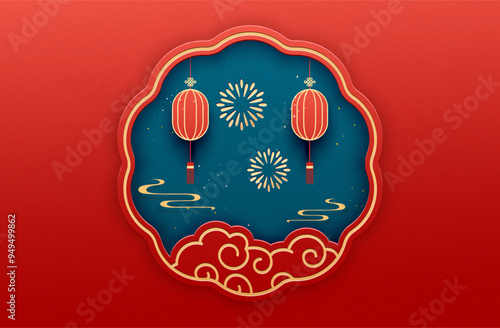 Chinese New Year poster, traditional shop window with lanterns and auspicious clouds