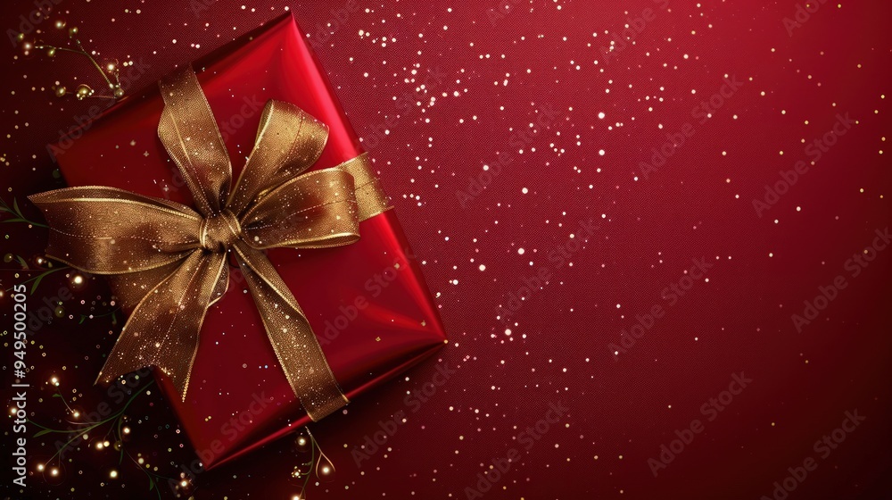 Deep red background, elegant gift with a golden bow, celestial stars, Deep red background, elegant gift with a golden bow, celestial stars,