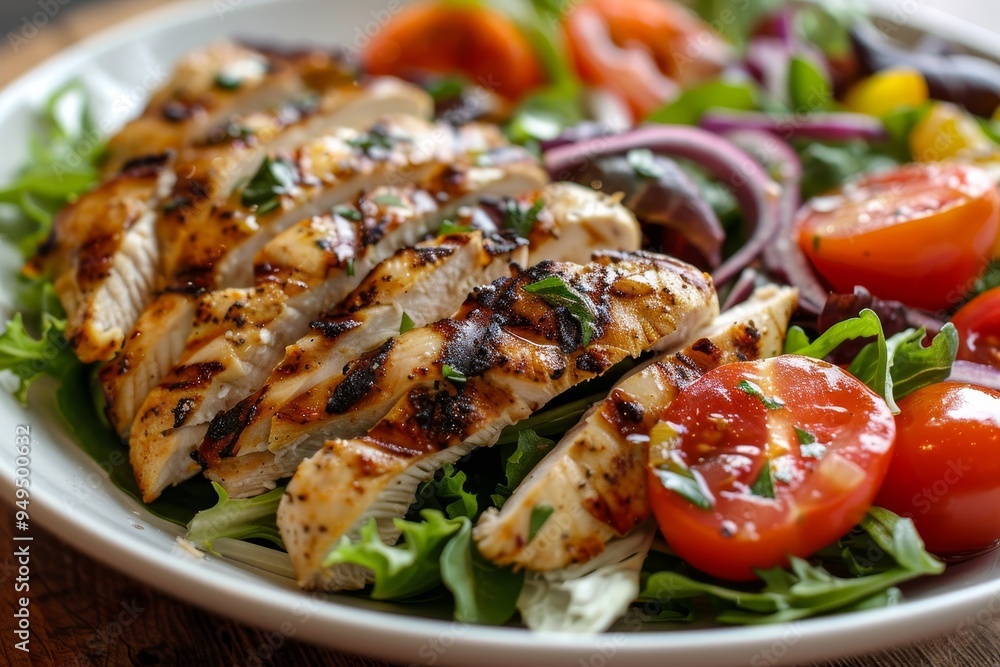 A salad featuring grilled chicken, fresh tomatoes, onions, and lettuce, Showcase the delicious toppings on a grilled chicken salad A salad featuring grilled chicken, fresh tomatoes, onions, and lettuce, Showcase the delicious toppings on a grilled chicken salad