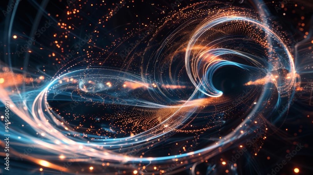 Fototapeta premium A glowing particle navigates a circular path in a shadowy quantum realm of light and waves