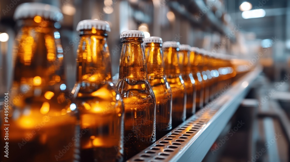 Close-up of beer bottles moving along a conveyor belt in a brewery during the bottling process Close-up of beer bottles moving along a conveyor belt in a brewery during the bottling process