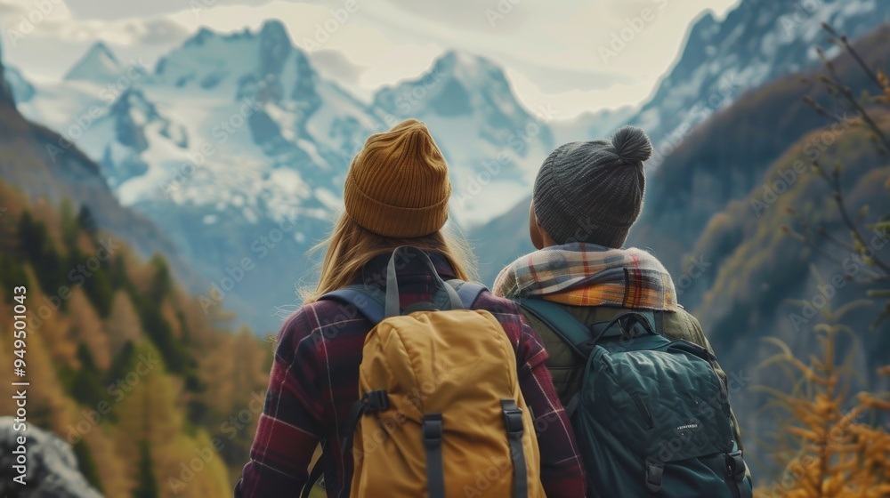 Photo of a loving young couple enjoying a weekend getaway in the mountains. AI generated images Photo of a loving young couple enjoying a weekend getaway in the mountains. AI generated images
