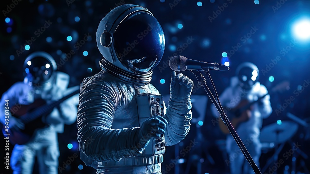 Fototapeta premium Group of astronauts sings opera and playing on guitar