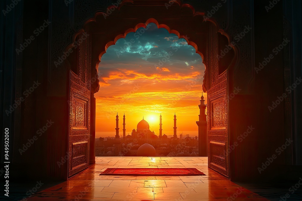 Fototapeta premium Mosque sunset islamic frame, vertical image, social media story, Ramadan or islamic concept wallpaper , ai