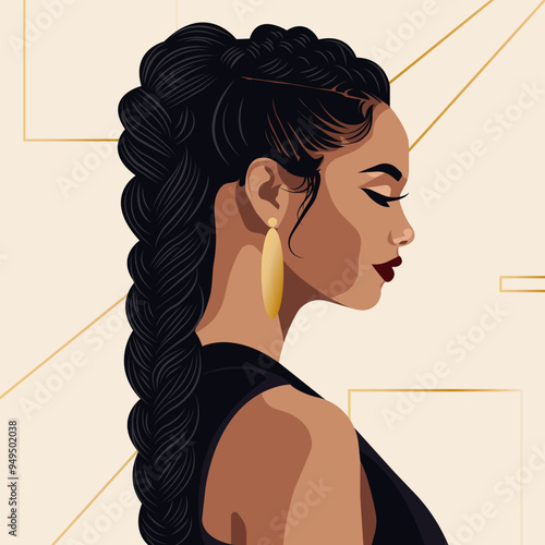 Profile of a beautiful young African American woman with a braided hair. Flat vector.