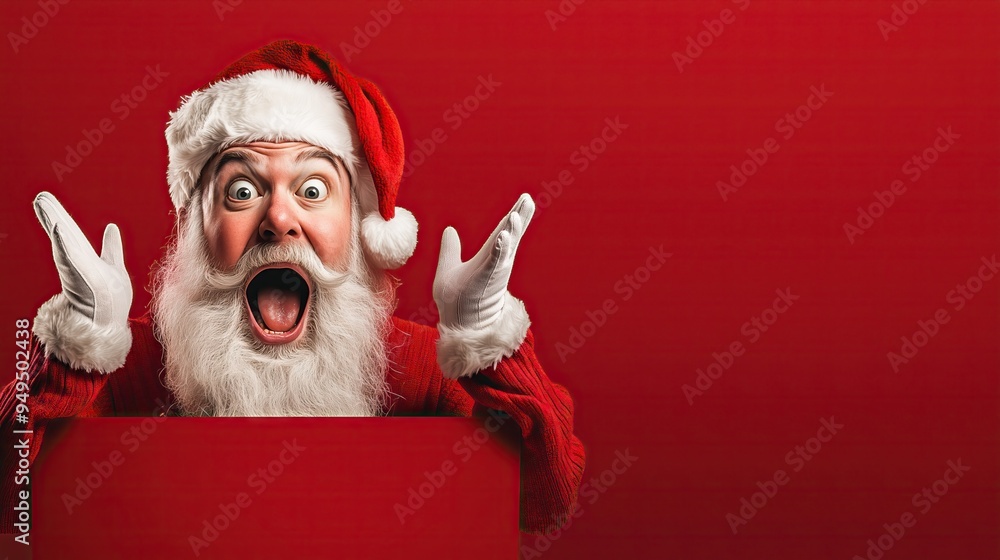 A shocked Santa Claus on a red banner with space for text A shocked Santa Claus on a red banner with space for text