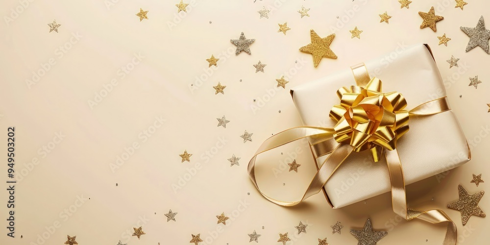 Cream background featuring a gift with gold ribbon and golden stars, right-side copy space. Cream background featuring a gift with gold ribbon and golden stars, right-side copy space.