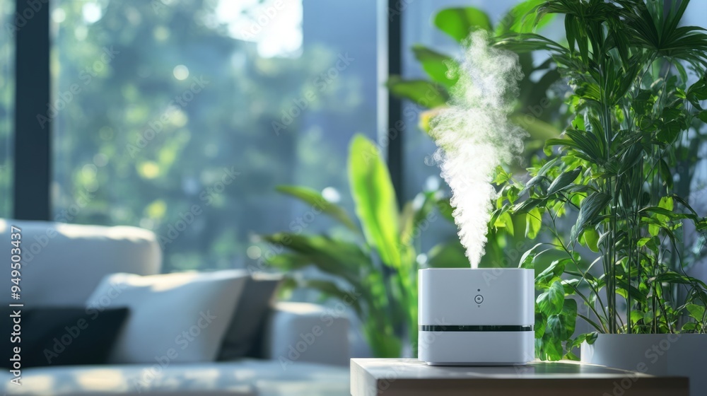 Fototapeta premium Purify the air, absorb carbon dioxide, plants, green interior, smoke, sofa, comfort, contemporary, plants, decoration