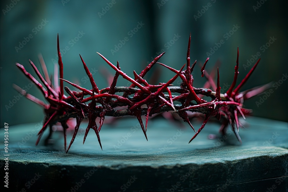 Fototapeta premium The inversion of the crown of thorns and the crown, which symbolizes Jesus' suffering and trials, symbolizes the death of the Savior and the resurrected King, background for Passion Week , ai
