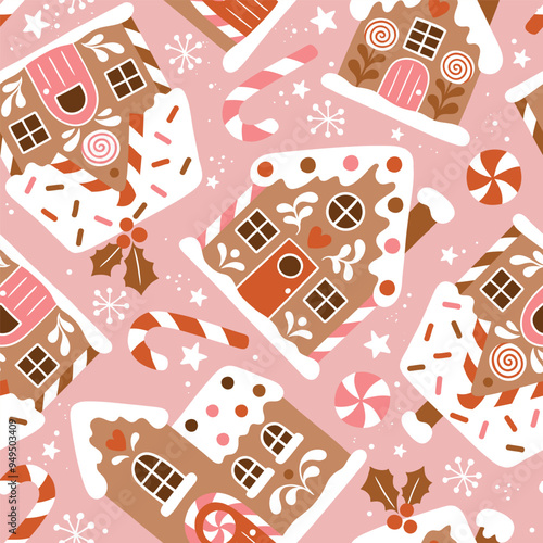 Seamless vector pattern with hand drawn gingerbread houses and Christmas trees. Snowy landscape with winter village. Perfect for textile, wallpaper or print design.