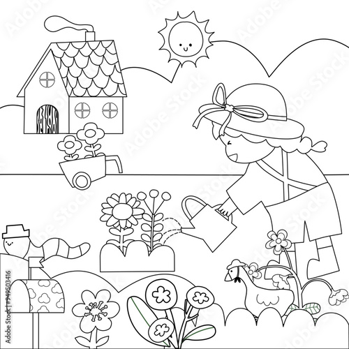 coloring book with kids, The girl is watering plants in the garden color ing page vector, Drawn vector cute girl in the garden for summer, element in the garden 