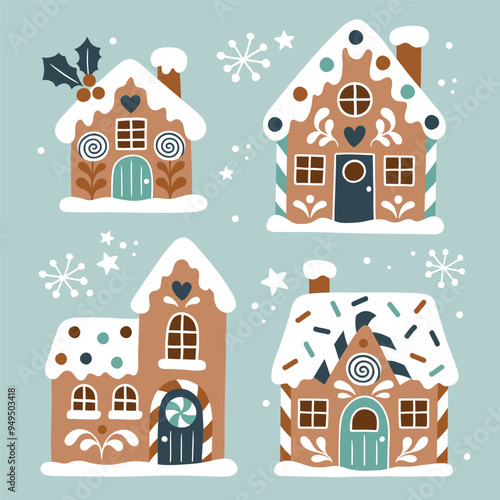 Set of hand drawn gingerbread houses and snowflakes. Snowy winter village icons.  Perfect for sticker or nursery print design.