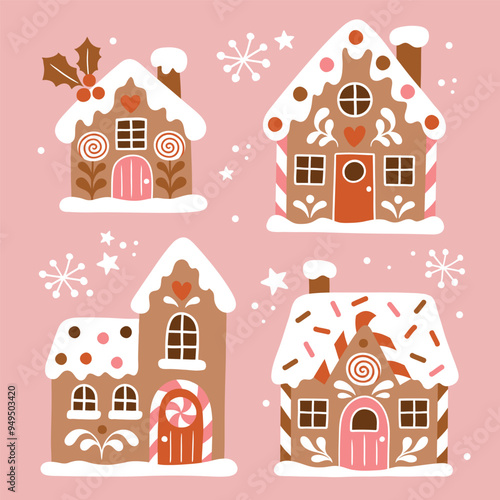 Set of hand drawn gingerbread houses and snowflakes. Snowy winter village icons.  Perfect for sticker or nursery print design.