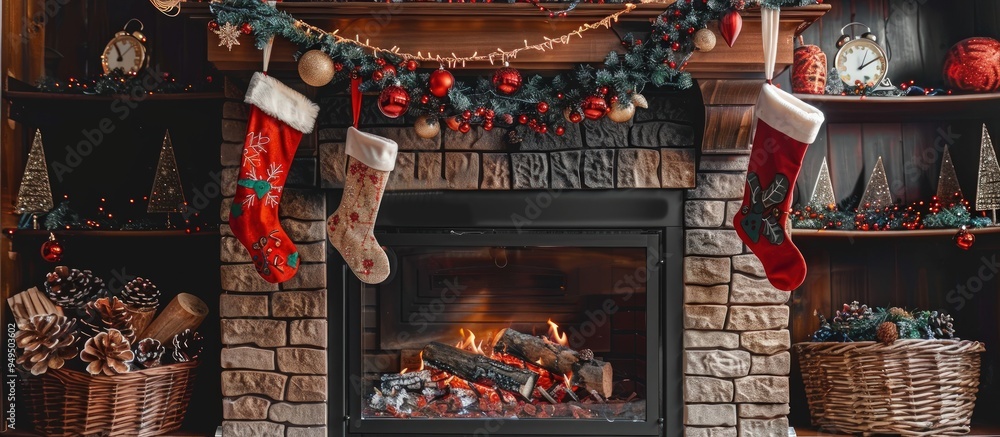 Cozy fireplace with stockings hanging, surrounded by festive decorations, full empty copy space for text. Cozy fireplace with stockings hanging, surrounded by festive decorations, full empty copy space for text.