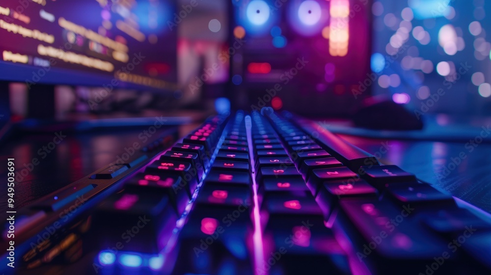 RGB gaming keyboard with blur gaming room background. AI generated images RGB gaming keyboard with blur gaming room background. AI generated images