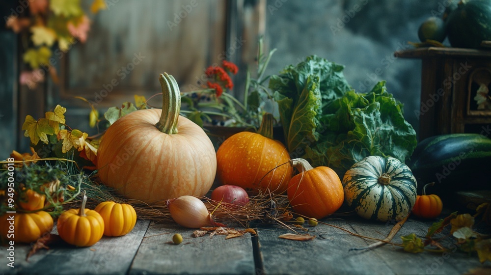 Fresh autumn vegetables on rustic table, perfect for seasonal cooking and decoration. Warm, colorful, inviting. Ideal for fall-themed kitchen inspiration Fresh autumn vegetables on rustic table, perfect for seasonal cooking and decoration. Warm, colorful, inviting. Ideal for fall-themed kitchen inspiration