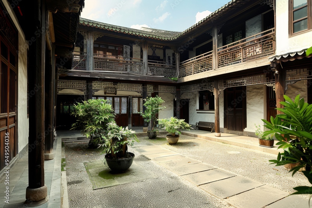 A courtyard featuring potted plants in the center, Showcase the use of feng shui principles in the design of Chinese buildings A courtyard featuring potted plants in the center, Showcase the use of feng shui principles in the design of Chinese buildings
