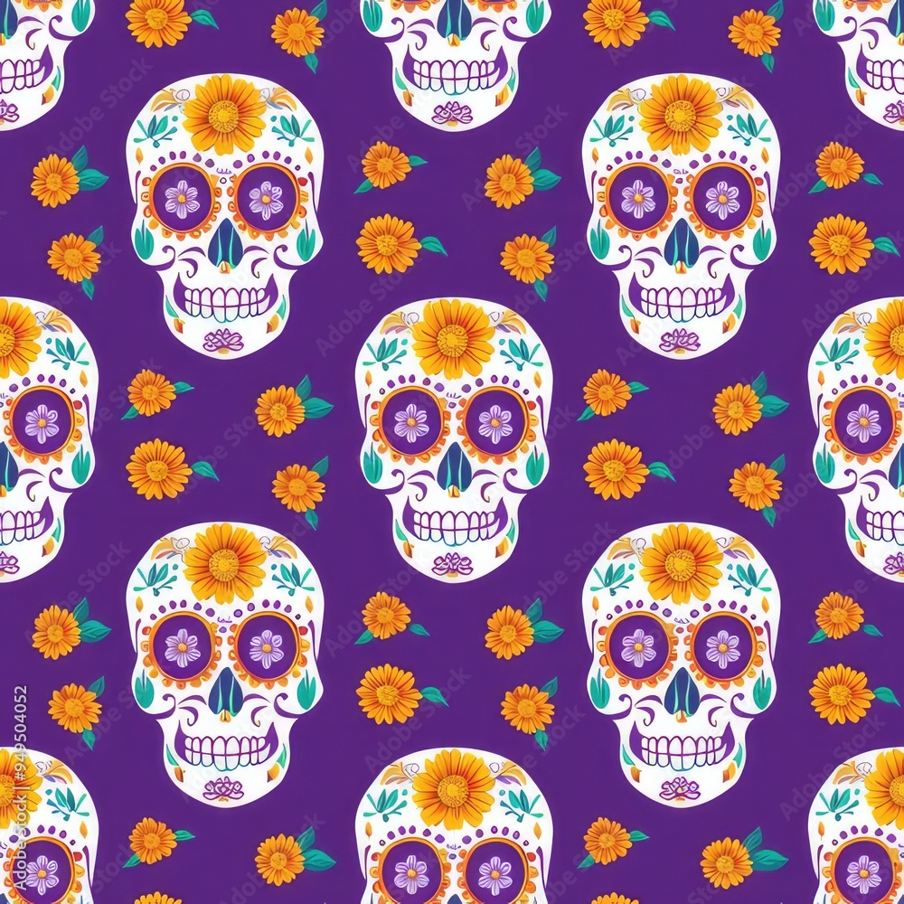 Seamless pattern for Day of the Dead. Mexico. Sugar skull and marigolds on a purple background. Seamless pattern for Day of the Dead. Mexico. Sugar skull and marigolds on a purple background.