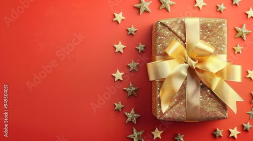 Coral background displaying a gift wrapped in golden ribbon and bow, stars around, and space for text, suitable for Christmas.