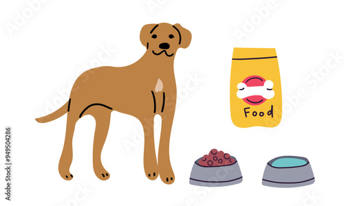 Vector hungry dog with food and water in bowl isolated on white background. Domestic or homeless animal and dry crispy food feeding. Cute vector character. Veterinary, rescuing, adoption or donate