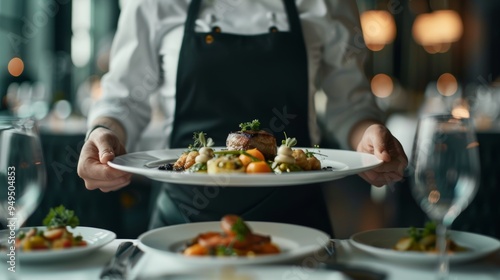 Wallpaper Mural Elegant waiter presenting luxurious dishes in a sophisticated fine dining environment Torontodigital.ca