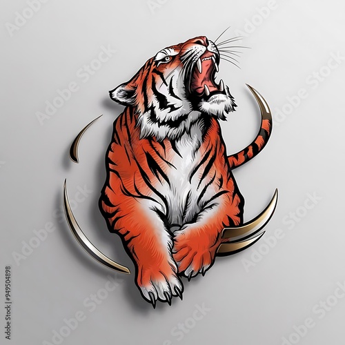 The tiger's powerful, muscularbody is captured in mid-motion, with its mouth wide open and sharp teeth bared. The logo design is set against a pristine white background. photo