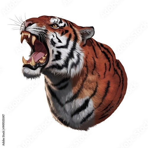 The tiger's powerful, muscularbody is captured in mid-motion, with its mouth wide open and sharp teeth bared. The logo design is set against a pristine white background. photo