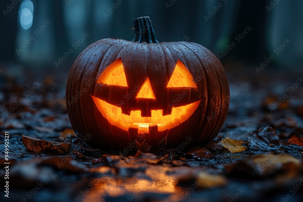 Illuminated Jack-o'-lantern in a Forest Setting with Fallen Leaves Illuminated Jack-o'-lantern in a Forest Setting with Fallen Leaves