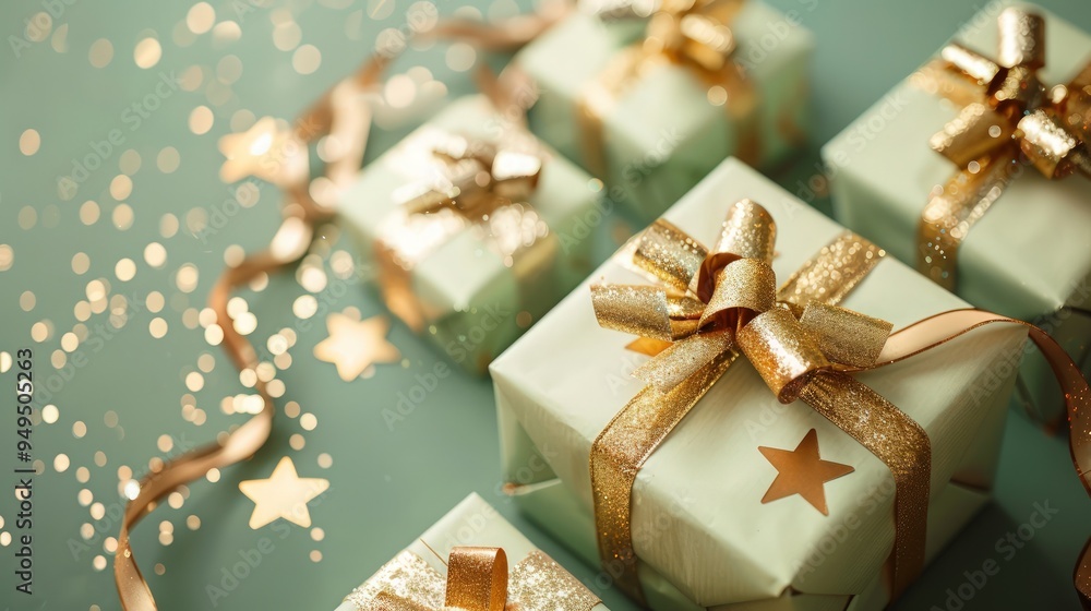 Classy gifts wrapped in gold on a pistachio green background, highlighted by shimmering stars for a unique festive feel. Classy gifts wrapped in gold on a pistachio green background, highlighted by shimmering stars for a unique festive feel.