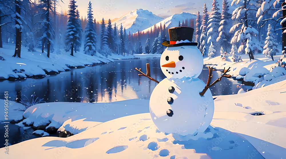 Obraz premium Snowman in winter view for desktop wallpaper