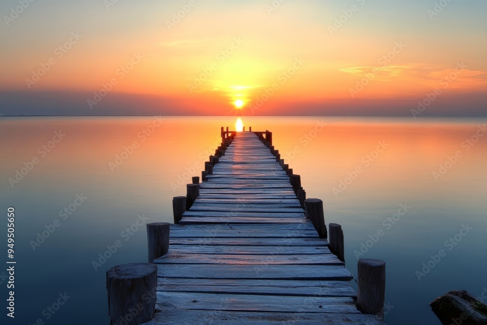Obraz premium A serene sunset over a calm lake pier. The sky is painted with warm colors as the sun descends. Perfect for relaxation and inspiration. Generative AI
