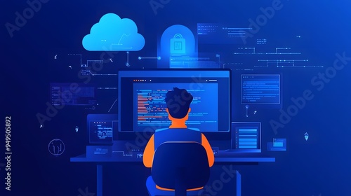 Full-stack developer working on cloud integration, coding in the background, modern software development process